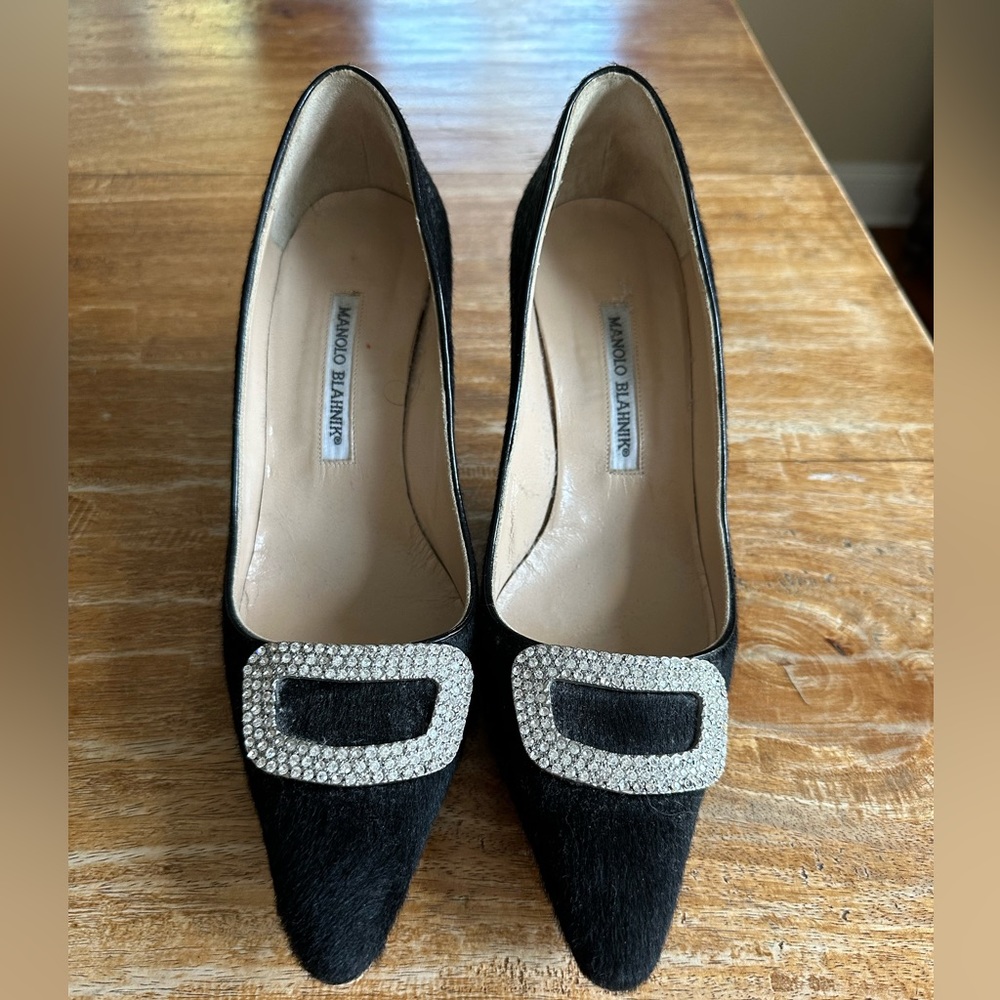 Vintage Manolo Blahnik Black Mohair Heels with Silver Accents - Size 9